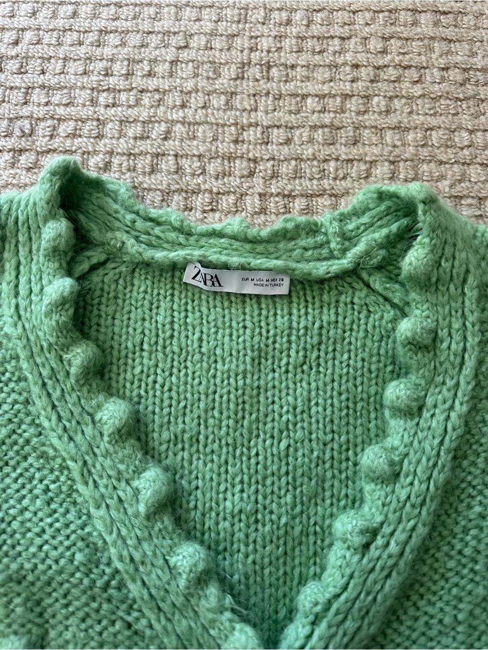 Zara Green Chunky Knit V-Neck Balloon Sleeves Wool Alpaca Blend Cardigan Sz M - Picture 5 of 7